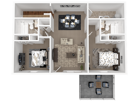 A top-down view of a house layout with a living room, kitchen, and bedrooms.